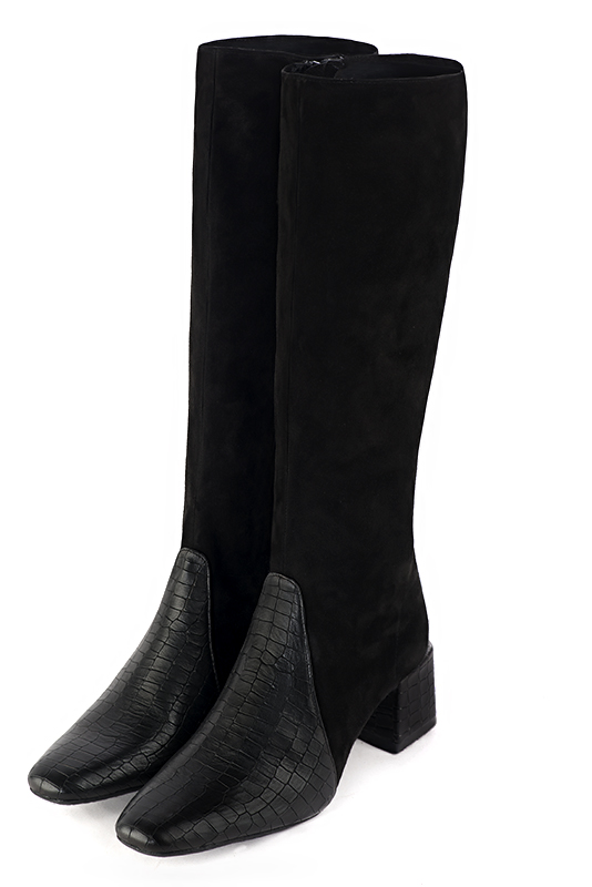 Satin black women's feminine knee-high boots. Square toe. Medium block heels. Made to measure - Florence KOOIJMAN
